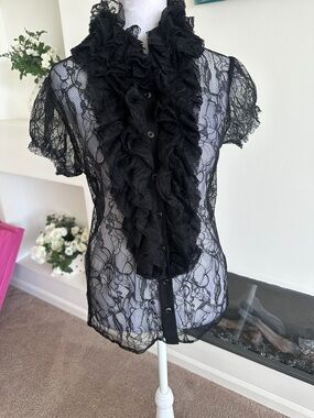 Robert Rodriguez Black Lace Ruffle Button-Up Blouse